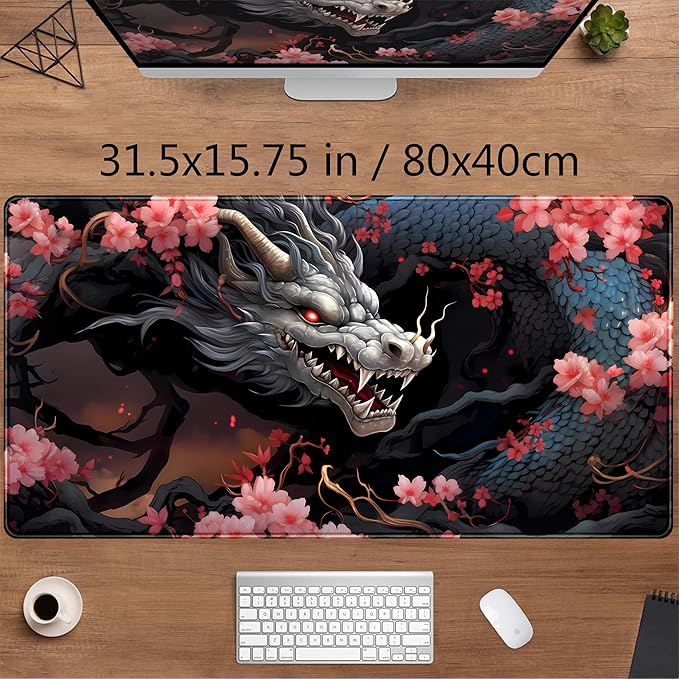 Cute Sakura Dragon Gaming Mouse Pad Kawaii XXL Large Extended Anime Desk Mat, Non-Slip Rubber Base Mousepad, Office Decor Desk Pad, Cool Keyboard and Mouse Mat with Stitched Edges, 31.5x15.75 in