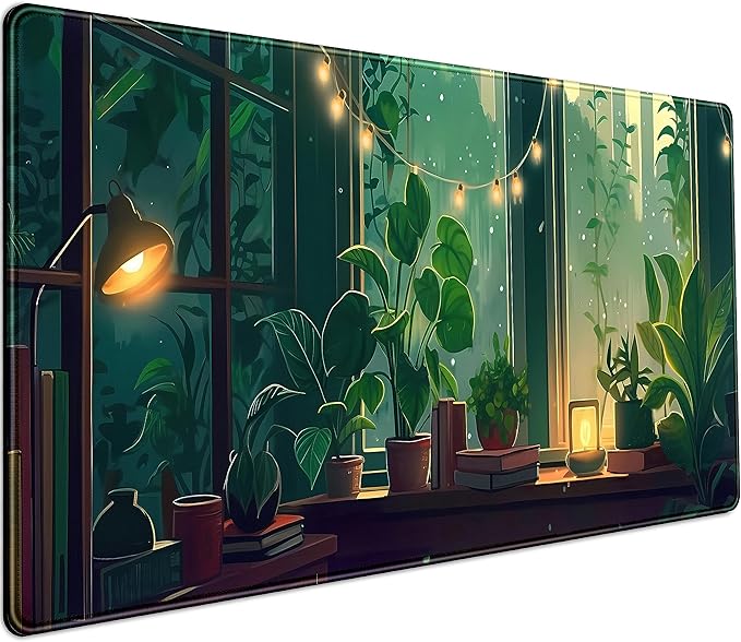 Cute Green Lofi Desk Mat Plants Mouse Pad Anime Forest Aesthetic Nature Desk Pad, XXL Large Gaming Extended Mousepad for PC Laptop Keyboard Mouse Mat Women Office Decor Girl Playmat 31.5x15.75 in