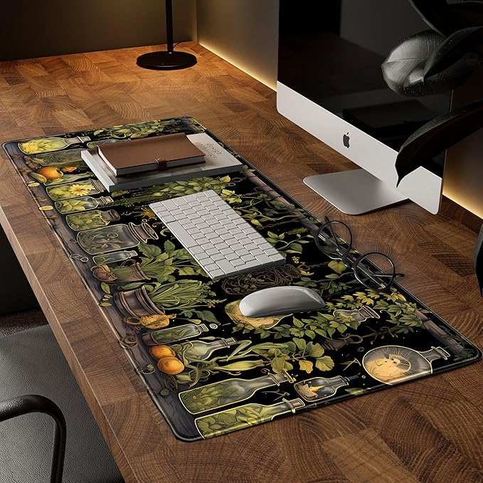 Desk Mat Green Plants Mouse Pad Gaming Mat Dark Keyboard Mat, Long Mouse Mat XXL Extended Desktop Mat Magical Bottles Computer Mats with Stitched Edges, Office Desk Accessory 31.5" x 15.7"