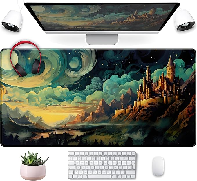Cool Aesthetic Castle Mouse Pad Desk Pad Cute Cloudy and Starry Desk Mat, Office Desk Decor Anime Mousepad Laptop Keyboard and Mouse Mat, XXL Large Extended Gaming Deskmat for Girl 31.5x15.75 in
