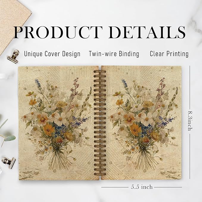 Spring Floral Spiral Notebook, Vintage Flower Journal Notebook, Floral Journal, Retro Floral Plant Notebooks for School Work, Boho Botanical Office Supplies Gifts for Women Men, 5.5x8.3 Inch