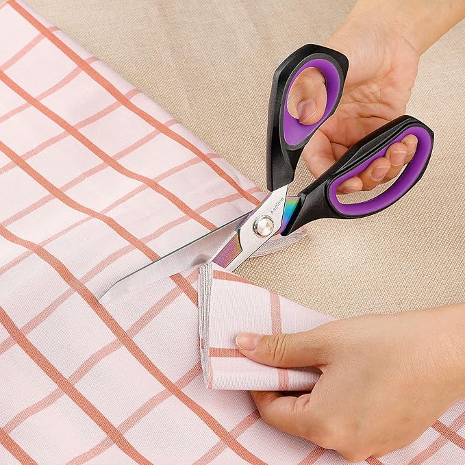 Professional Fabric Scissors, Heavy Duty Titanium Coating Sewing Scissors, Ultra-Sharp Blade Fabric Shear, Ergonomic Rubber Handle, Great for Craft, Sewing, Leather Tailor, 9.4”, Black/Purple