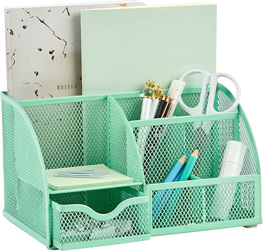 Annova Mesh Desk Organizer Office with 7 Compartments + Drawer/Desk Tidy Candy/Pen Holder/Multifunctional Organizer (Green23)