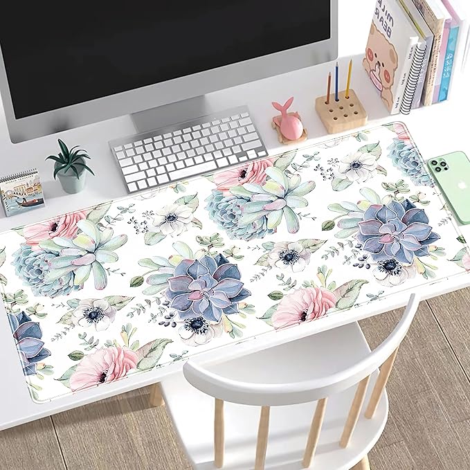 Watercolor Succulents Desk Mat, Plants Succulent Roses Desk Pad Protector, Large Gaming Mouse Pad, Stable Rubber Base Mousepad with Stitched Edges, Keyboard Mouse Mat for Work, Game, Office, Home