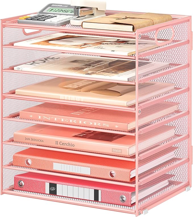 Lavatino 8-Tier Letter Tray Desk Paper Organizer, Mesh File Sorter Tray Organizer for Desk Office Supplies & Home Organization, Fits A4 Paper, Mail, Magazines and Office Accessories (Pink with Handle)