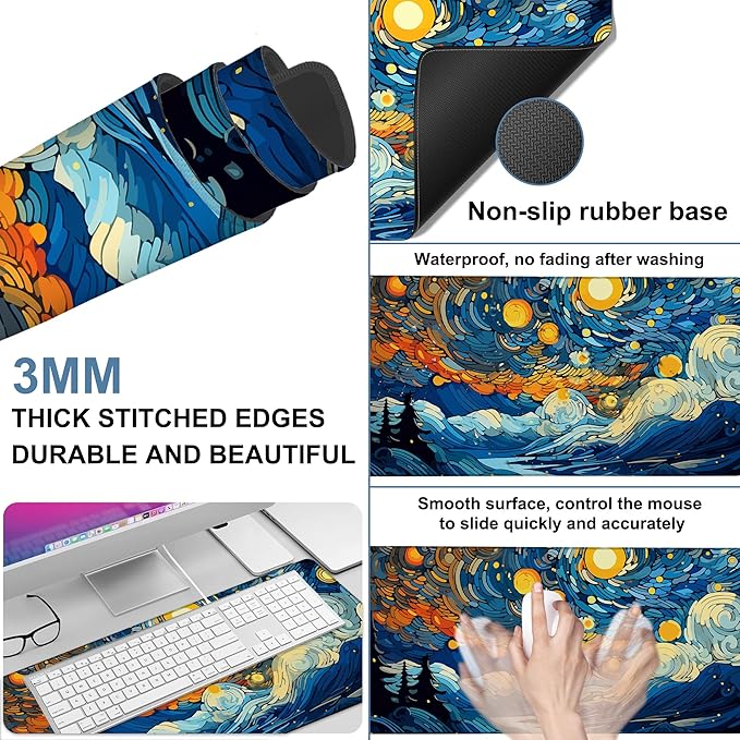 Large Mouse Pad Starry Sky Gaming Desk Pad Computer Keyboard Non-Slip Waterproof Mouse Mat with Rubber Base and Stitched Edges Entertainment Office Writing Desk Mat 35.4 x 15.7 Inches