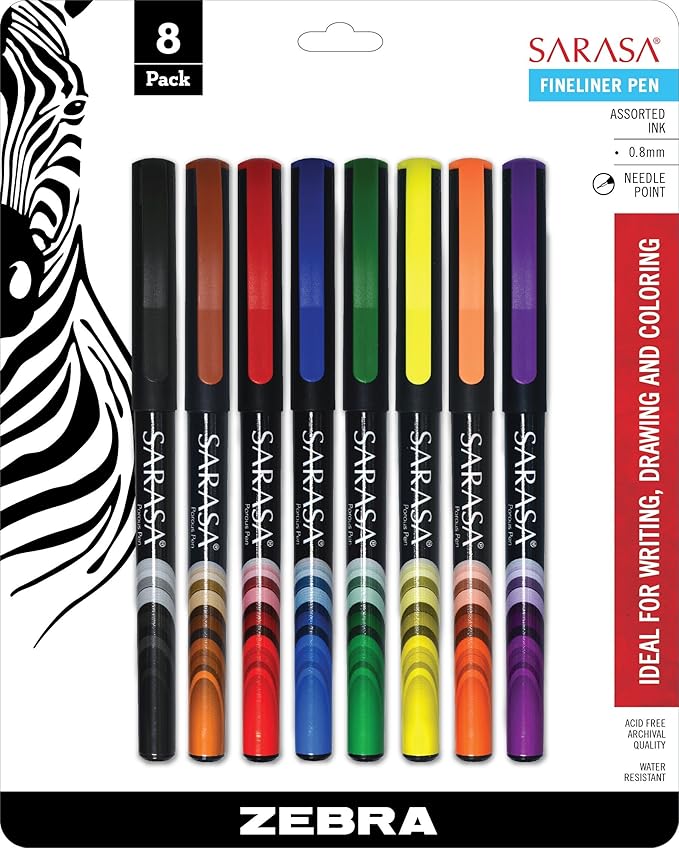 Zebra Pen Sarasa Fineliner Marker Pen, Needle Point, 0.8mm, Assorted Ink Colors, 8-Pack