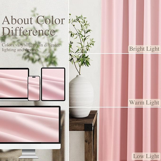 Full Black Out Pink Window Curtains Panels 102 Inches Long 2 Panels Set for Living Room Cotton Textured Long Blackout Curtain with Backing Thermal Insulated Drapes for Nursery Bedroom 52x102