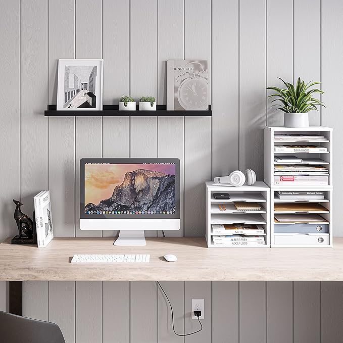 Ballucci File Organizer Paper Sorter, 5 Tier Adjustable Shelves Office Desk Organizer, 13 5/8" x 9 1/4" x 12", White