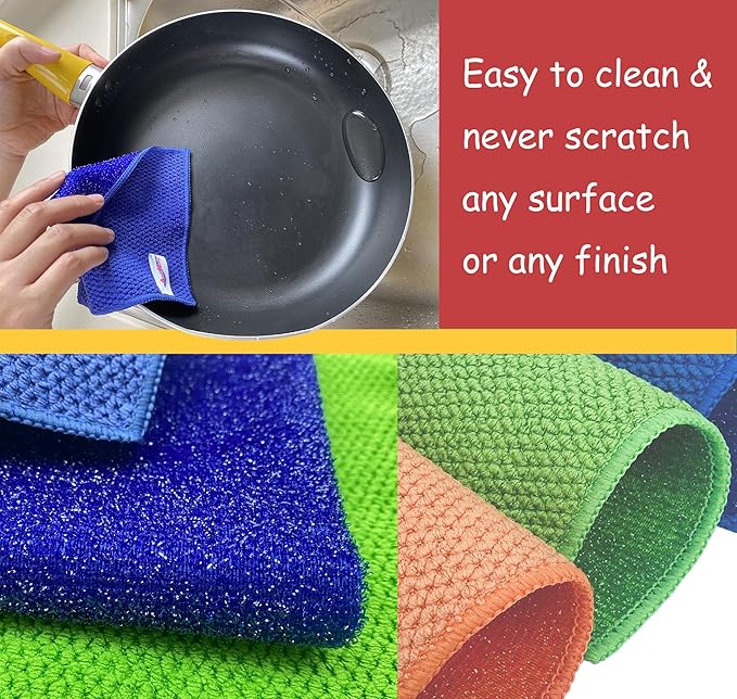 24 Pack Microfiber Scrub Dish Cleaning Cloth, Non-Scratch, Reusable & Durable for Pan Pot Dish Cooktop Stovetop Counter Kitchen Household, Machine Washable, 6 x 6 Inch, Orange, Blue & Green Assorted