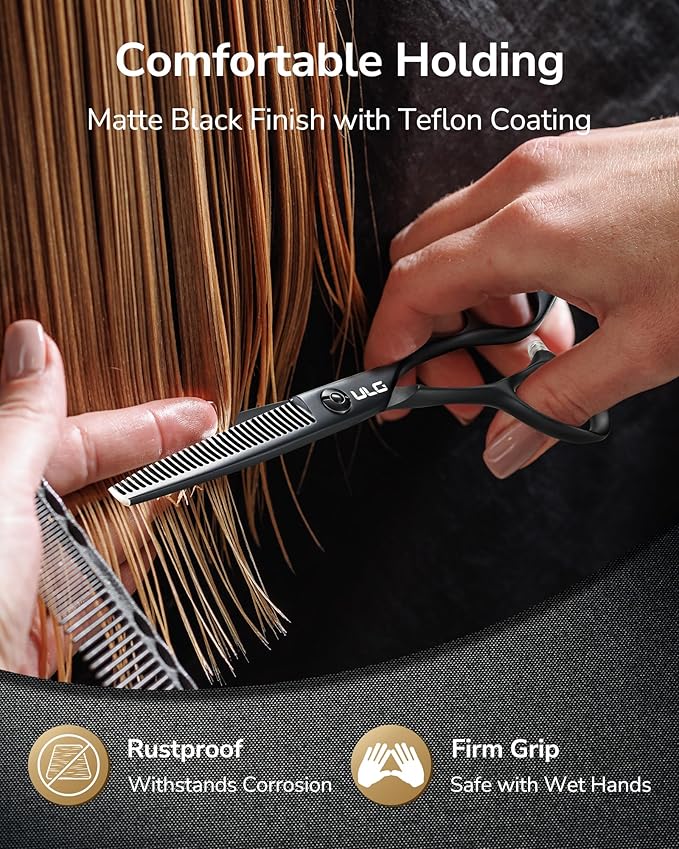 ULG Seamless Thinning Scissors – Professional Stainless Steel, Teflon Coated, Ergonomic Offset Handles, Precision Serrated Blades for Natural Hair Thinning and Layering, Ideal for Stylists and Barbers