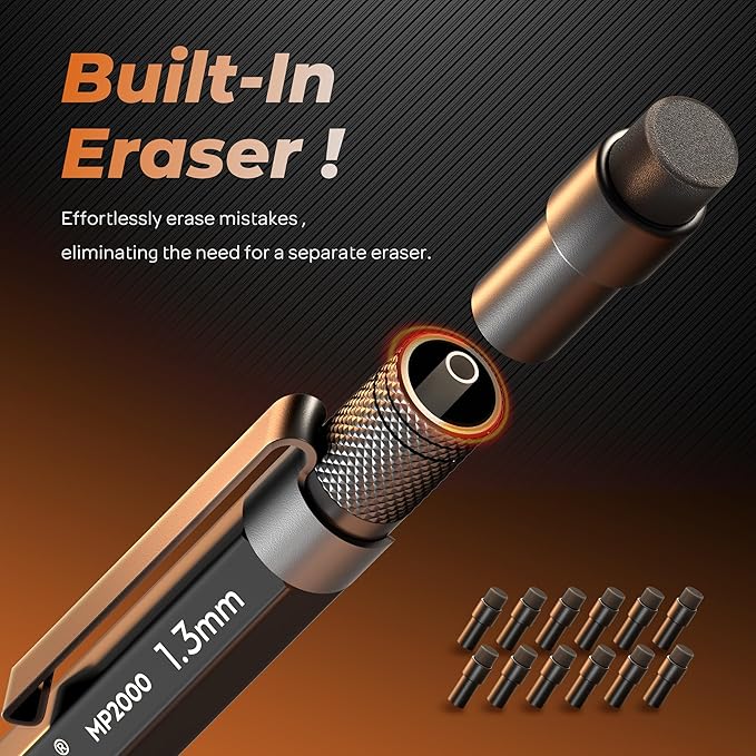 Nicpro 1.3mm Mechanical Pencil Set in Leather Bag with Waterproof Field Notebooks, 3PCS Metal Heavy Duty Carpenter Pencil with Lead Refill & Eraser for Outdoor Journal Travel Drafting Drawing