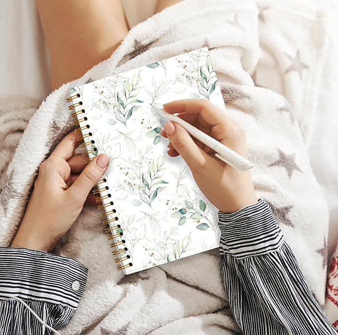 Green Floral Notebook, Eucalyptus Leaves Botanical Spiral Notebook 5.5x8.3, Aesthetic Journal for Women, Green Office Supplies, Flowers Floral Spiral Journal