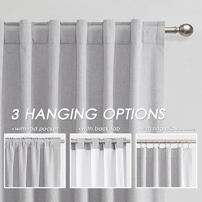 100% Blackout Linen Curtains 90 inch Length 2 Panels for Living Room Loop Pocket Pinch Pleated Black Out Drapes Grey Heat Reducing Total Blackout Window Curtains for Bedroom 90 inches Long