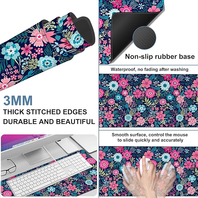 Colorful Flowers Gaming Mouse Pad 3mm Thick Stitched Edge Waterproof Non-Slip Large Computer Keyboard Mouse Mat,Suitable for Office Entertainment Decorative Desk Pad 35.4 x 15.7 Inches