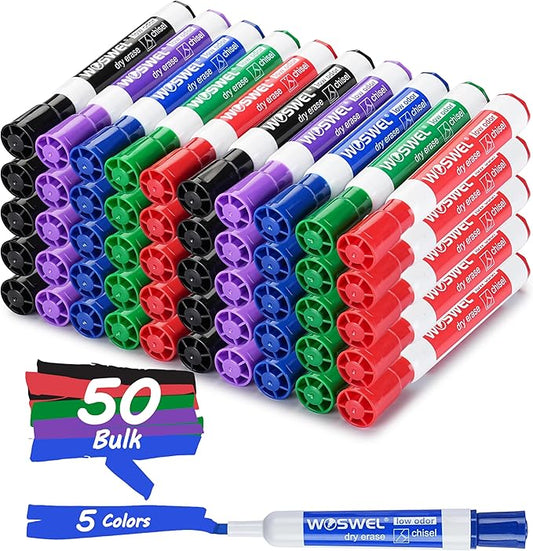 Dry Erase Markers, Chisel Tip Whiteboard Markers, Low Odor Thick Dry Markers, 50 Bulk 5 Assorted Colors (Black/Blue/Red/Green/Purple) for Kids/Teachers, Classroom, Office & Home Use