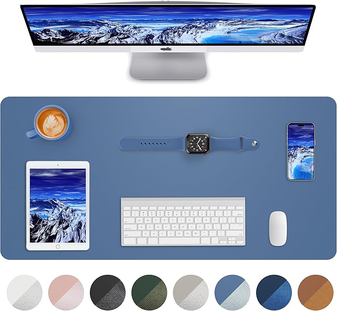 Leather Desk Pad Blotter,Mouse Pad,Office Desk Mat, Non-Slip PU Leather Desk mat,Large Desk mat,Waterproof Keyboard mat for Office/Home/Decor (Grey Blue,23.6" x 13")