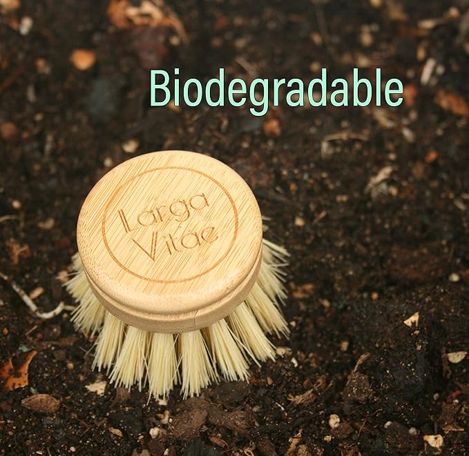 Larga Vitae Wooden Dish Brush Made of Renewable Bamboo Wood and Natural Bristle Tampico Fiber, includes 5 Replacement Brush Heads, Durable, Long Lasting, All Purpose Kitchen Scrubber