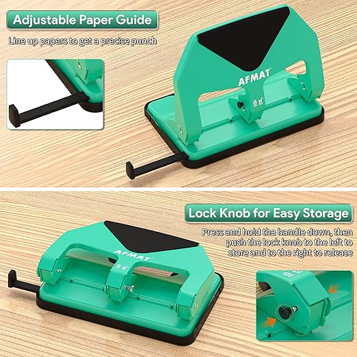 AFMAT HP20 Heavy Duty 3 Hole Punch, 50-Sheet Capacity, 60% Reduced Effort Three Hole Puncher for Binder, 10K+ Uses, Large Chip Tray, Adjustable Paper Guide, Office Metal Paper Puncher 3 Ring, Green