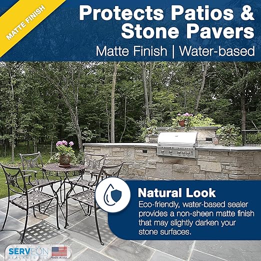 Serveon Sealants Natural Stone Sealer Plus Stain Guard (Matte Finish) Commercial Grade Outdoor Indoor Waterproof Grout Sealer Protects Pavers Pools Patios Landscape Stones (1 Gallon) H2900S