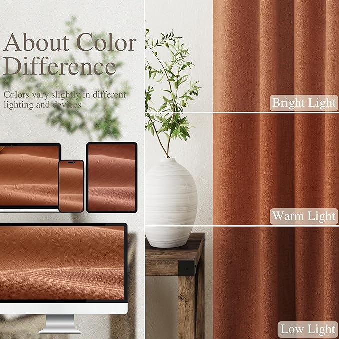 Nanspring Terracotta Linen 100% Blackout Curtains 95 inch Length Back Tab Rod Pocket Drapes Thermal Insulated Textured Living Room Black Out Curtains 2 Panels Set 52x95