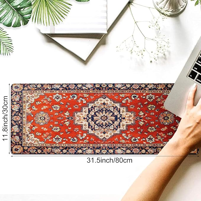 Desk Pad, Vintage Red Boho Rug XL Gaming Mouse Pad with Stitched Edges,Non-Slip Waterproof Rubber Base Large Desk Mat for Keyboard and Mouse 31.5"x11.8"