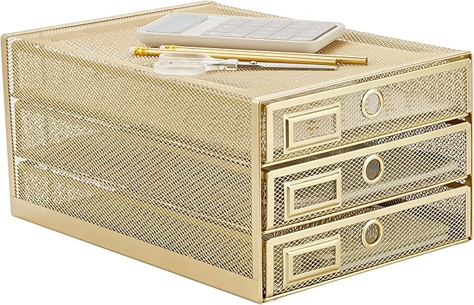 Annova Desk Organizer Wire Mesh 3 Tier Sliding Drawers Paper Sorter/Multifunctional/Premium Solid Construction for Letters, Documents, Mail, Files, Paper, Kids' Art Supplies (Gold)