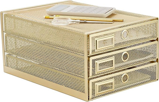 Annova Desk Organizer Wire Mesh 3 Tier Sliding Drawers Paper Sorter/Multifunctional/Premium Solid Construction for Letters, Documents, Mail, Files, Paper, Kids' Art Supplies (Gold)