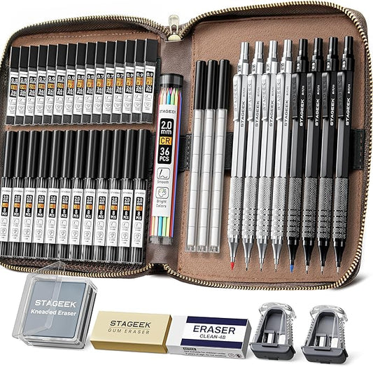 45PCS Black & Silver Metal Mechanical Pencil Set in Leather Case, 0.5, 0.7, 0.9, 2.0mm Drafting Pencils with 28 Tubes(6B 4B 2B HB 2H 4H & Colors)Lead Refills for Art Drawing, Sketching,Writing