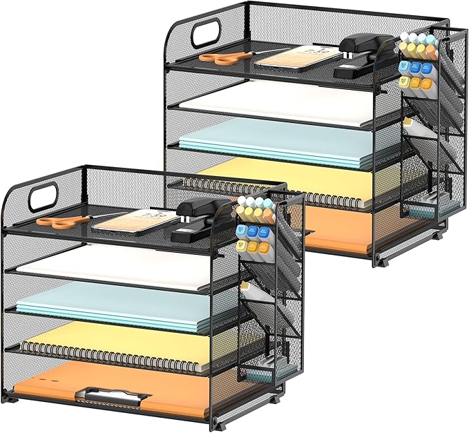 SUPEASY 2 Pack 5 Tier Desk Organizer with Handle & Removable Pen Holders, Mesh Paper/File Organizer for Desk Office Supplies,Black