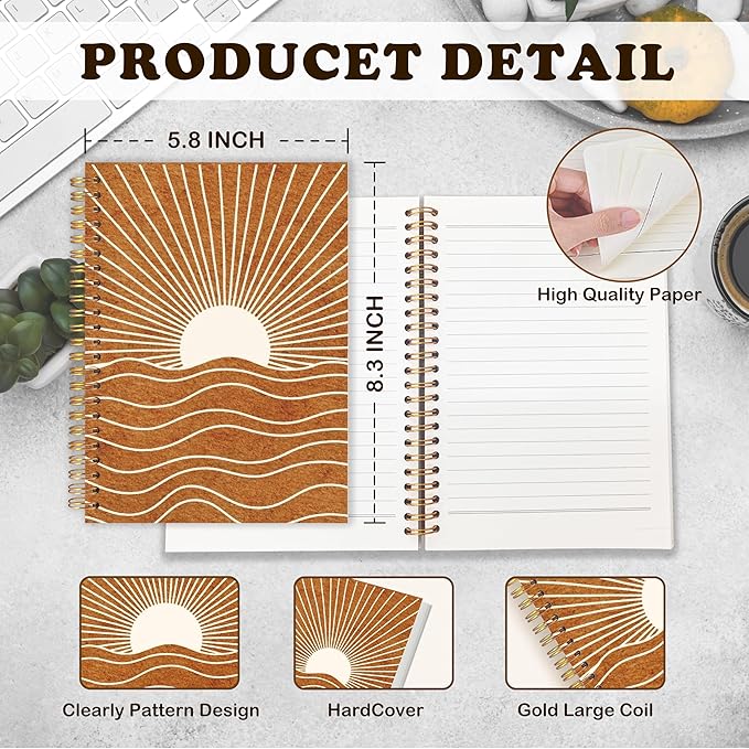 URLLUAE Abstract Boho Sun Ocean Notebook Journal, 70s Retro Sunrise Sunset Spiral Notebook for Work School, Boho Office Supplies Gifts, 5.5x8.3 Inch