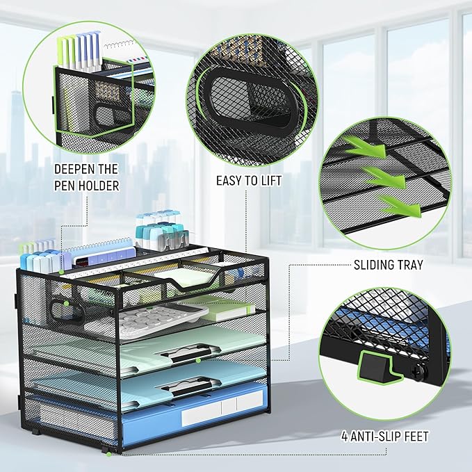 Docnest 5 Tier Mesh Desk Organizer- Letter Tray with Adjustable Compartments, Mesh Desktop Storage Built in Pen Holder and Handles, Desk Organizer Tray for Mail Documents Office Supplies-Black