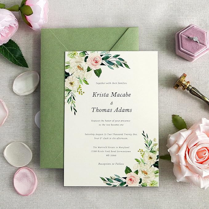 PONATIA 50 PCS/Pack A7 Envelopes, 5.25 x 7.48'' Sage Green Envelopes For 5 x 7'' Weddings Invitation Cards, Christmas Gift Cards, Acrylic Invitations, Photos and Any 5x7 Inserts