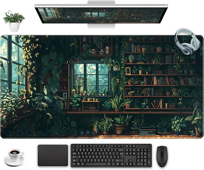 Green Plant Desk Pad Gaming Pad Extra Large Desk Mats Full Desk Mouse Pad XXL, Desktop Mat Computer Laptop Keyboard Pads, Office Home Decor Table Pad Cute Desk Accessories 31.5" x 15.7"
