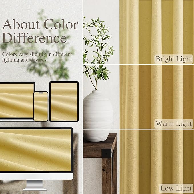Nanspring Gold Linen Blackout Curtains 108 Inches Long Back Tab Rod Pocket Thermal Insulated Noise Cancelling Full Shading 2 Panels Set for Sliding Door Elegant Modern Curtains Drapes 52x108