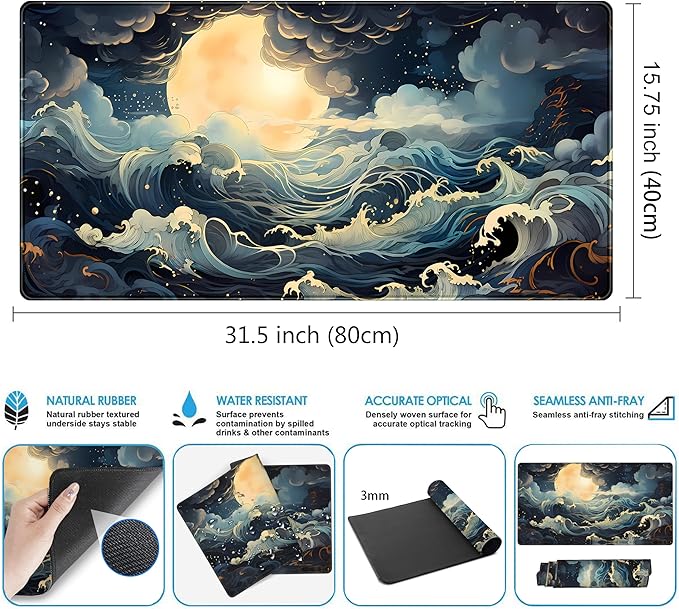 Full Moon Mousepad Cute Desk Mat Stormy Seas XXL Large Extended Gaming Mouse Pad Mat, Office Computer Mat Laptop Keyboard and Mouse Mat, Non-Slip Desk Pad with Stitched Edges, 31.5''x15.7''