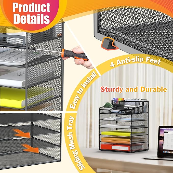 Docnest 6 Tier Mesh Desk Organizer for Paper Office Supplies – Multi-Functional Letter Tray with 5 Adjustable Compartments, 3 Pen Holders, Desktop Storage for Files, Mail, Stationery – Black