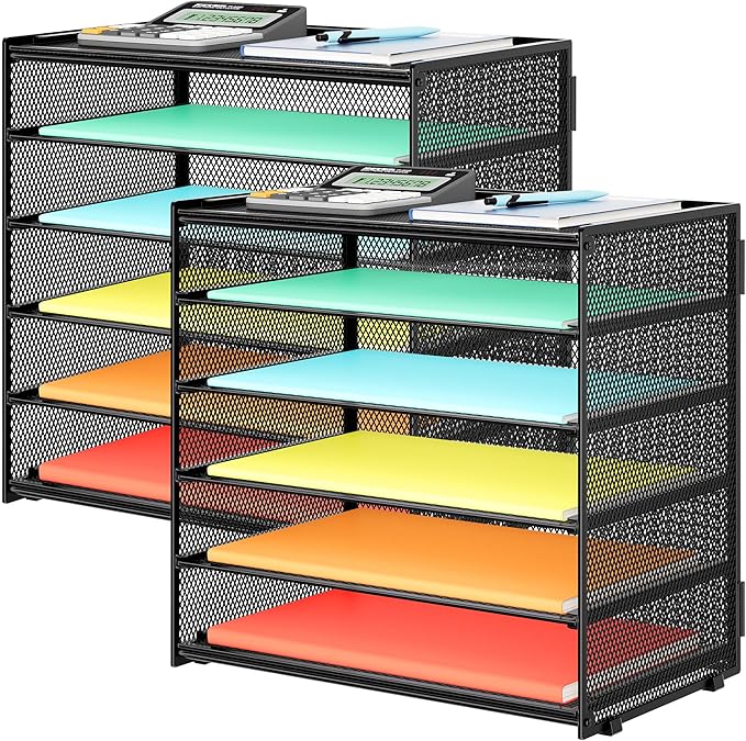 2 Pack 6 Tier Paper Organizer, Metal Mesh Desk File Folder, Letter Tray Organizer, Paper Sorter Desk Organizers for Office, Home or School File Folder Holder - Black