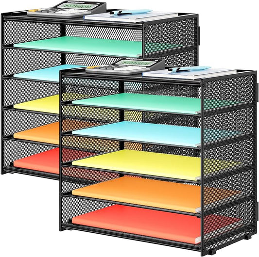 2 Pack 6 Tier Paper Organizer, Metal Mesh Desk File Folder, Letter Tray Organizer, Paper Sorter Desk Organizers for Office, Home or School File Folder Holder - Black