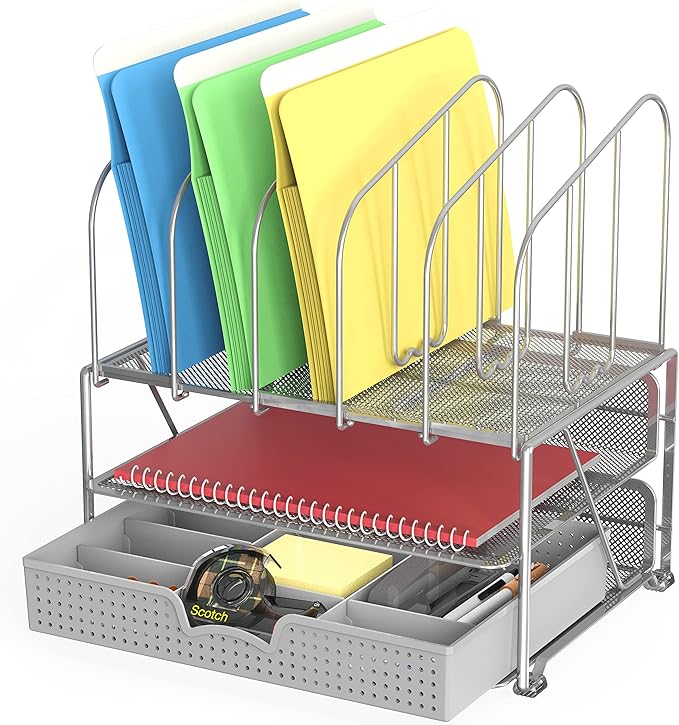 Deco Brothers Desk File Organizer with Letter Tray and 5 Upright File Stand, Silver