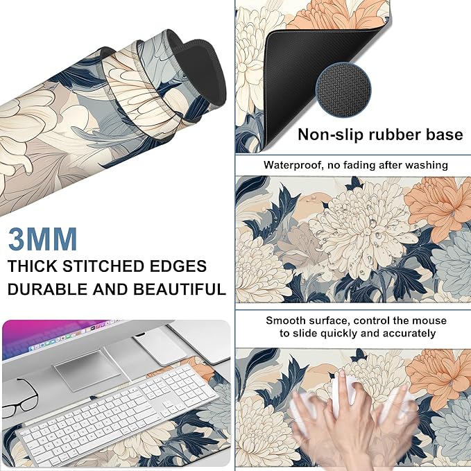 Beautiful Chrysanthemum Gaming Mouse Pad 3mm Thick Stitched Edge Waterproof Non-slip Large Computer Keyboard Mouse Mat,Suitable for Office Entertainment Decorative Desk Pad 35.4 x 15.7 Inches