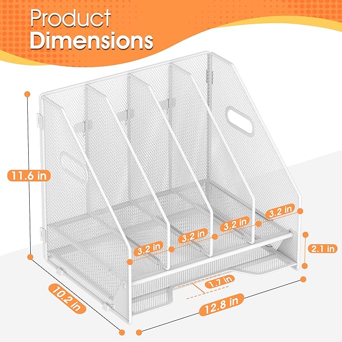 Desk File Folder Holder Organizer-4 Vertical Compartments Racks and Paper Letter Tray,Mesh Magazine File Holder Sorter,Desktop Accessories & Workspace Organizers for Home,Office,School-White
