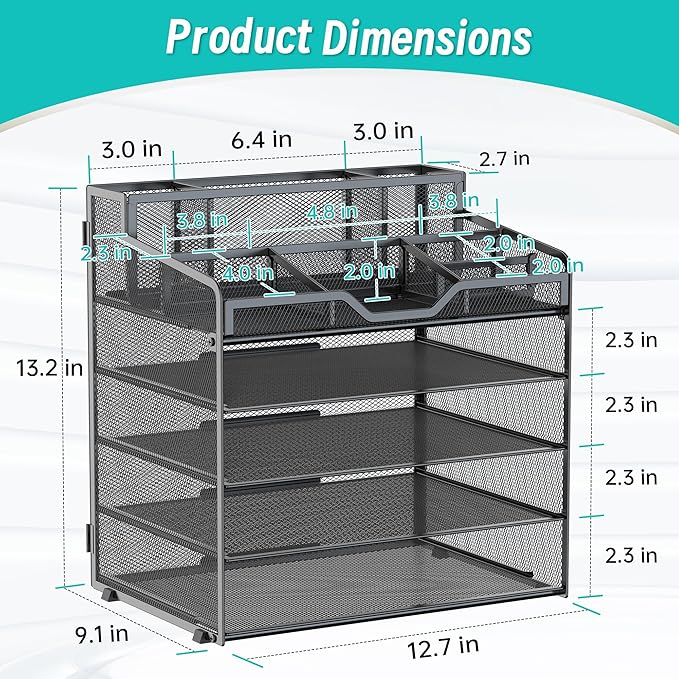 5 Tier Mesh Desk Organizer,Multi Functional Letter Paper Tray with 3 Pen Holders and 5 Adjustable Storage Compartments for Office Supplies Files and Mail Space Saving Desktop Organizer-Black