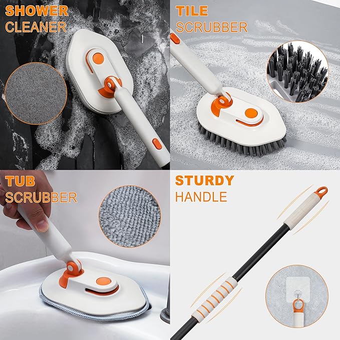 Tub Scrubber Brush with Long Handle, 3-in-1 Non Scratch Shower Scrubber Brush & 5 Detachable Replacement Brush Heads for Cleaning Bathroom, Tiles, Tub, Floor and Surfaces