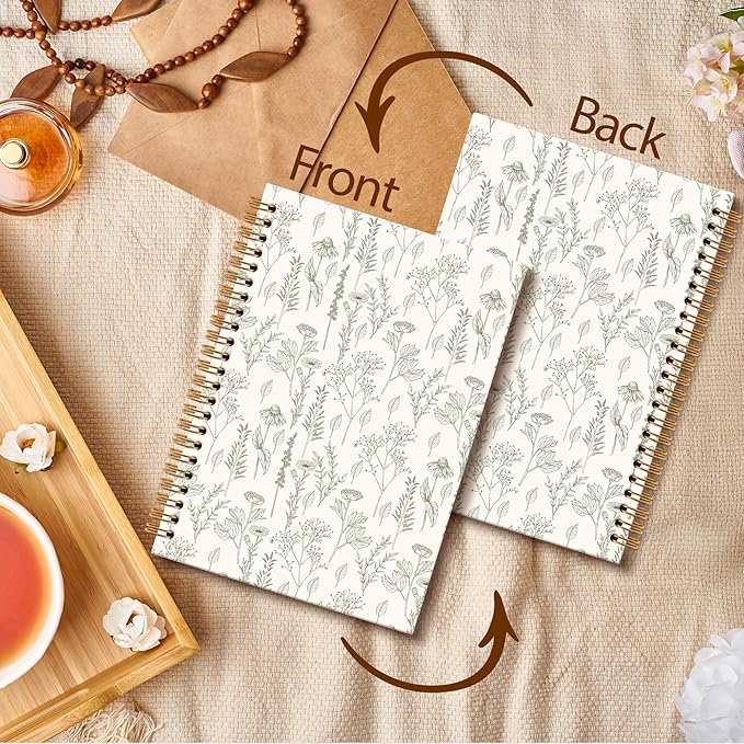 Green Floral Notebook Journal - Floral Journal, Green Floral Flower Spiral Notebook, Flower Aesthetic Notebooks for Women Girls, Vintage Botanical Wildflowers School Office Supplies, 6x8.2In