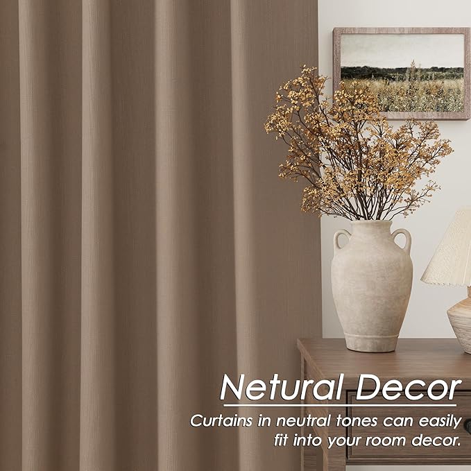 Blackout Tan Linen Curtains 96 Inches Long Back Tab Heat Reflective Full Light Block Out Curtains 2 Panels for Bedroom Windows Textured Long Draperies with Liner Floor to Ceiling Length 8 Ft 52x96
