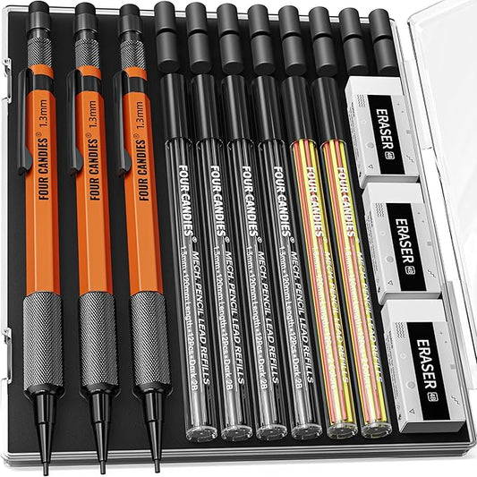 Four Candies 3PCS 1.3mm Mechanical Pencil Set with Case, Metal Heavy Duty Carpenter Pencils with 72 Refill(Red,Black,Yellow) 3Eraser, 16Eraser Refill, Weatherproof Body Outdoor Woodworking Marking