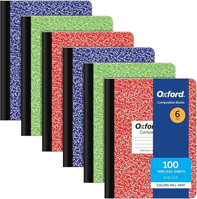 Oxford Composition Notebooks, 6 Pack, Cover Colors Vary, Wide Ruled Paper, 9-3/4 x 7-1/2 Inch School Journals, Assorted Marble Covers, 100 Sheets, per Book (63762)
