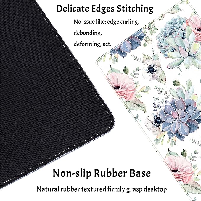Watercolor Succulents Desk Mat, Plants Succulent Roses Desk Pad Protector, Large Gaming Mouse Pad, Stable Rubber Base Mousepad with Stitched Edges, Keyboard Mouse Mat for Work, Game, Office, Home