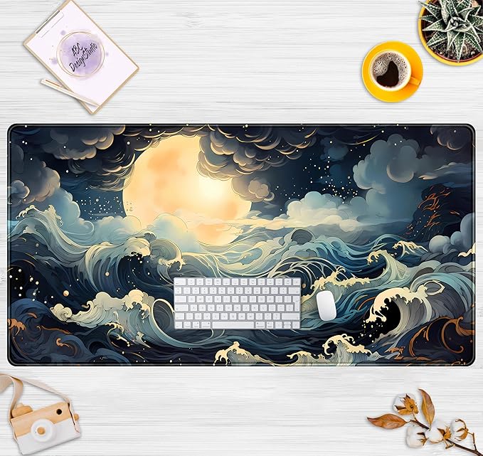 Full Moon Mousepad Cute Desk Mat Stormy Seas XXL Large Extended Gaming Mouse Pad Mat, Office Computer Mat Laptop Keyboard and Mouse Mat, Non-Slip Desk Pad with Stitched Edges, 31.5''x15.7''